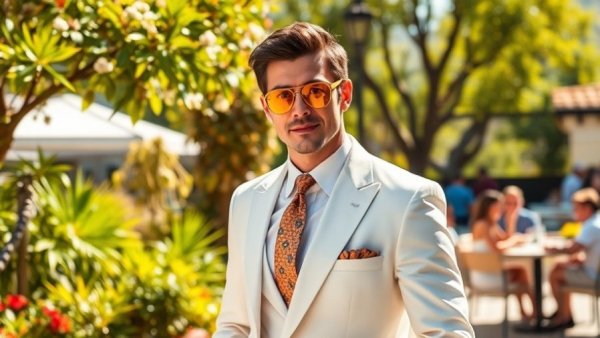 Stylish person in white suit at sunny garden event, E-commerce in Rwanda.