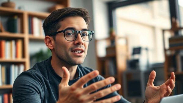 Young man explaining productivity in a modern office