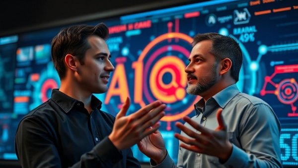 AI Trends 2026 discussion with two presenters and futuristic graphics.