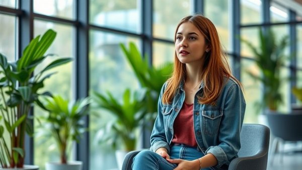 Casual woman discussing Google Generative UI for Kids in a bright office.