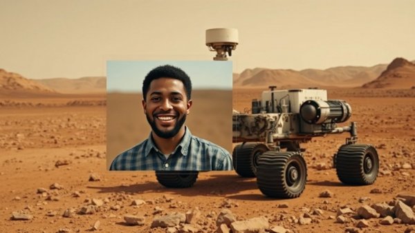 Mars rover on rocky surface with video overlay discussing MAVEN spacecraft control issues.