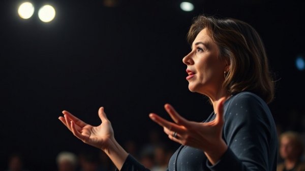 Minister of Loneliness: Expressive speaker gestures passionately in a TED Talk.