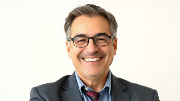 Businessman smiling warmly in a neutral setting.