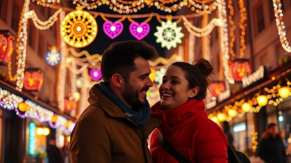 Nigerians festive spending, couple walking through illuminated holiday tunnel.