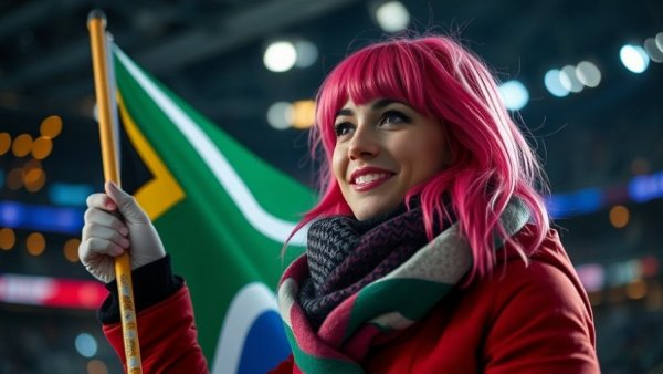 Athlete holding South African flag at winter sports event.