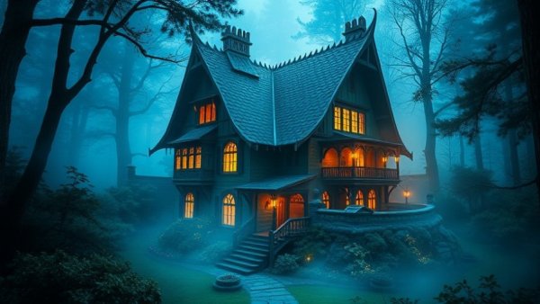 Mystical dragon-scaled house with glowing windows, perfect for AI video creation for kids.