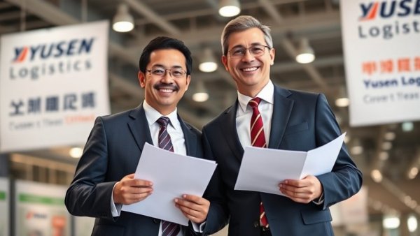Yusen Logistics joint venture in Kenya signing ceremony with two businessmen holding documents.