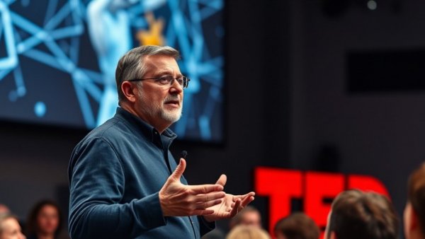Speaker at TED talk discussing capitalism and climate solutions.