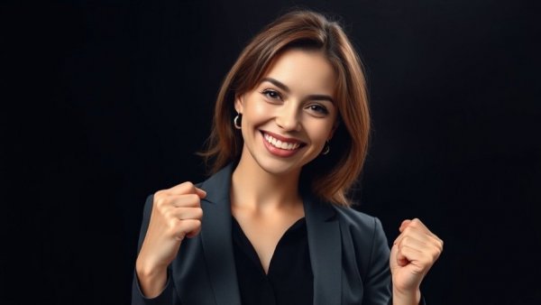 Professional woman smiling confidently in dark studio setting.