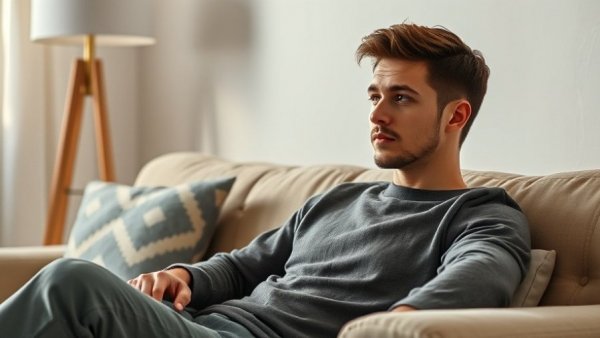 Young man contemplating user experience in agentic AI, sitting on a couch.