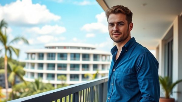 Confident man representing real estate in Rwanda with modern architecture.