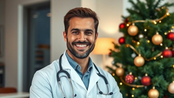 Case Clinics Uganda doctor smiling warmly by Christmas tree.