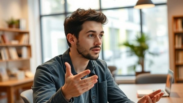 Young man discusses Hostinger and n8n for productivity in a vibrant setup.