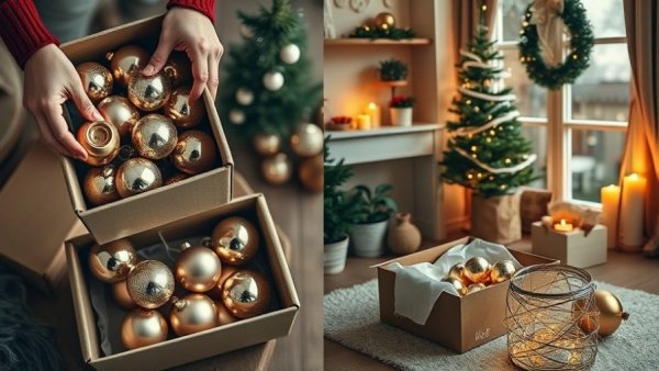 Artistic collage of packing Christmas decorations, organizing ornaments.