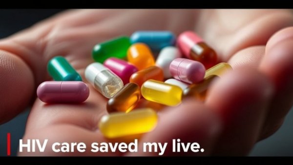 HIV in South Africa: Close-up of diverse pills in hand, text overlay.