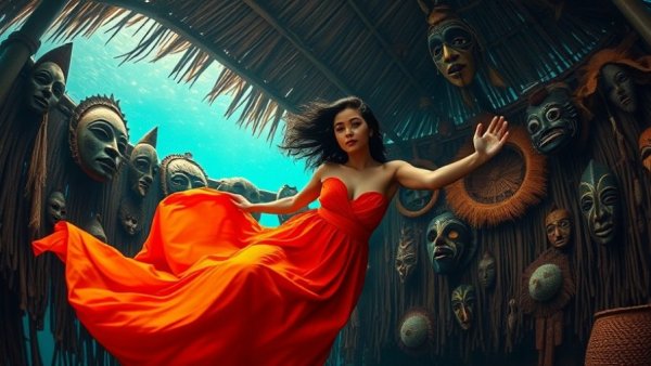 Surreal underwater scene with floating woman, Art Movement Built on Ancestral Wisdom.