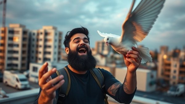 Bearded man releasing pigeon on Beirut rooftop, Lebanon's ancient pigeon game.