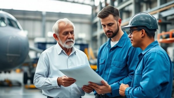 Aircraft maintenance workforce insights: two men discussing documents.
