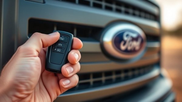 Close-up of Ford car key fob held in front of truck grille, highlighting automotive branding.