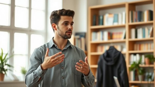 Young man discussing goal setting in a light-filled room.
