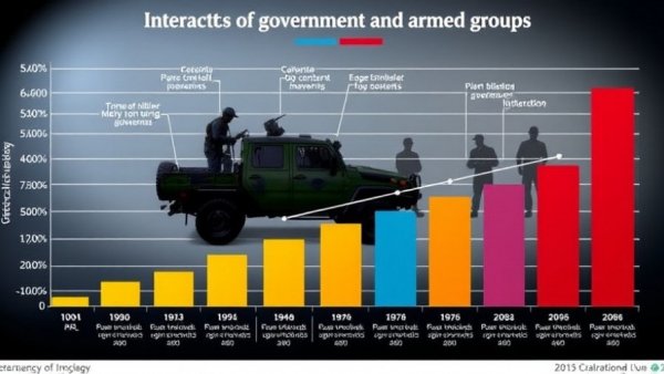 Infographic showing government vs armed group involvement with military vehicle, data on conflict drivers.