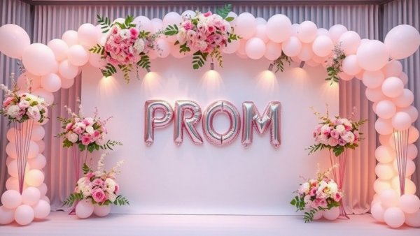 Elegant AI-enhanced prom photography setup with floral and balloon décor.