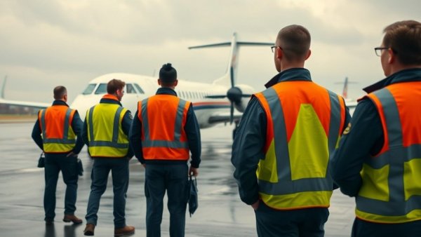 Airport personnel monitoring airplane on runway in rainy weather.