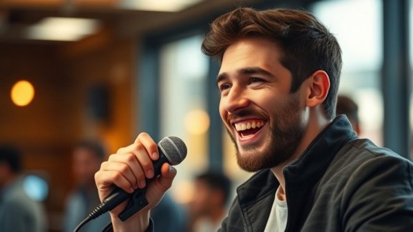 Young man discussing gratitude passionately in a lively setting