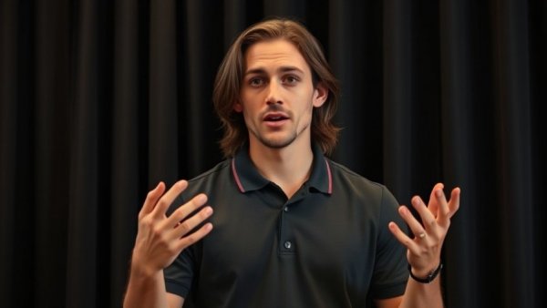 A young man in a polo shirt explains something with a focused expression.