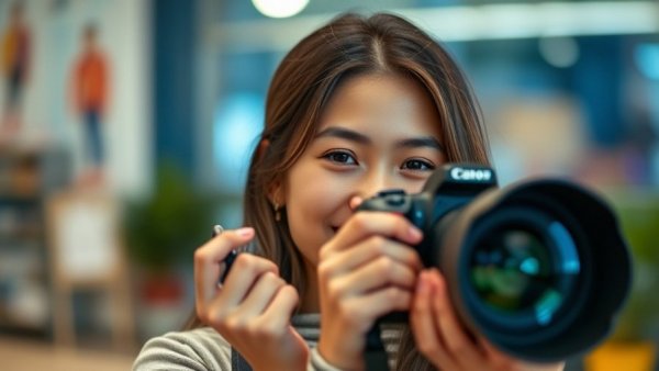 Street Photography Challenges with Smartphones: Woman using a DSLR camera.