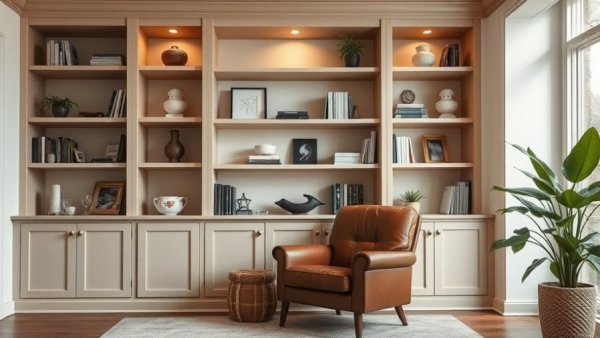Elegant living room with built-in bookshelves and brown armchair showcasing real estate investment appeal.