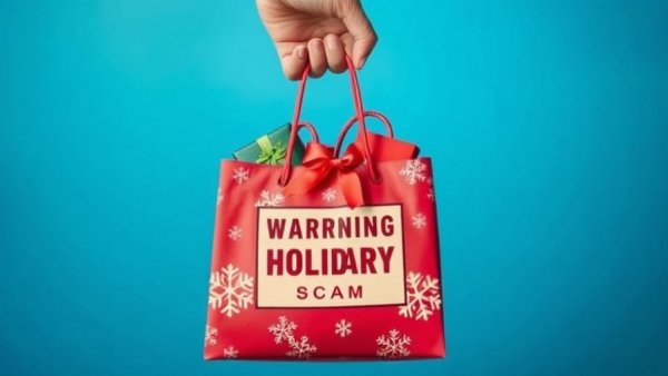 Illustration highlighting Nigerian holiday scams with gift bag and warning.
