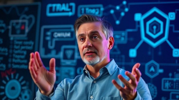 Mature man discusses cybersecurity trends for 2026, digital board background.