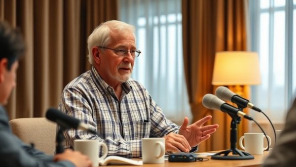 Elderly man discussing Hubble Space Telescope repair in interview setting