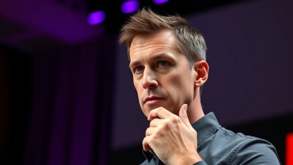 Serious speaker discussing AI's impact at TED Talk stage.