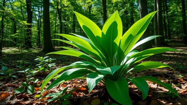 Forest plant with broad leaves in dappled sunlight.