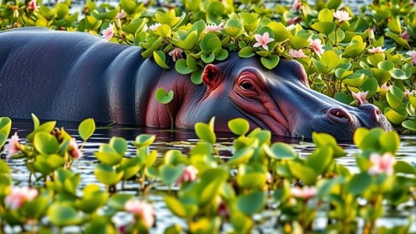 Majestic hippopotamus in African wetland, surrounded by flowers.