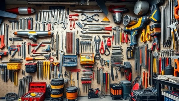 Neatly organized aviation maintenance tools on workshop wall.