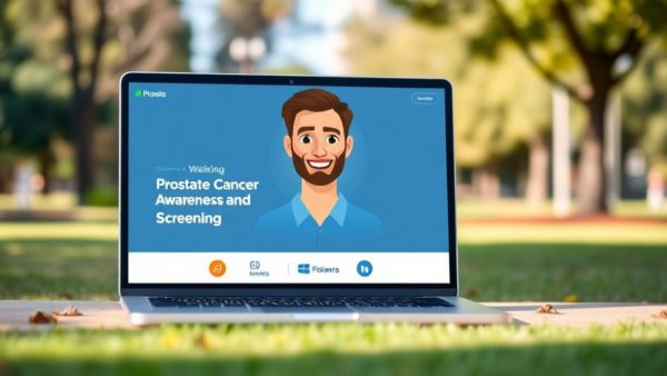 Prostate Cancer Screening presentation with male avatar on laptop screen.