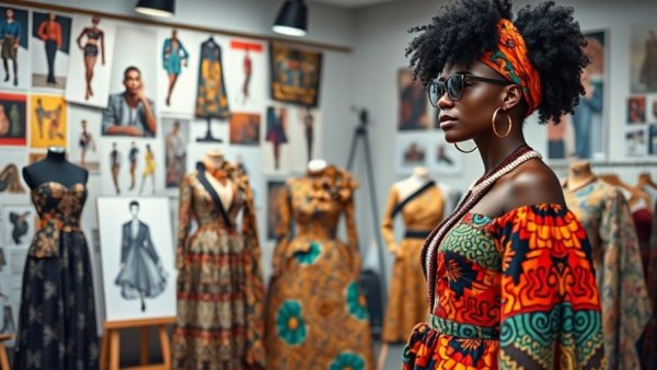 Individual in African-inspired attire examining designs, showcasing African fashion as essential attire.