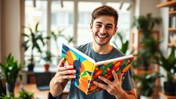Young man presenting Feel-Good Productivity book in a cozy office.