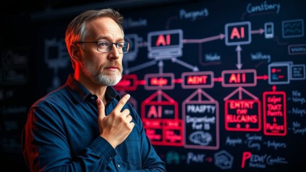 Man explains private AI agents in front of illuminated flowchart.