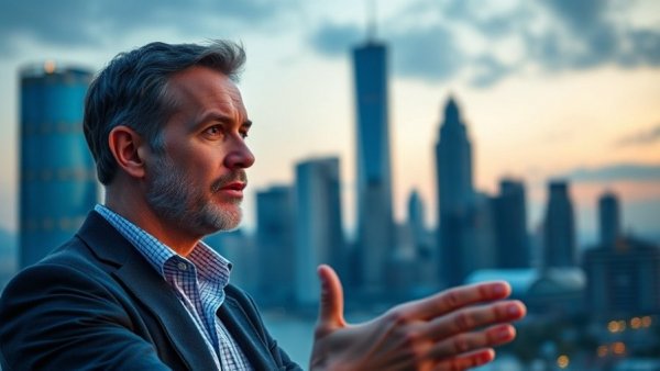 Mature man discusses Schiphol cargo strategy with city skyline.