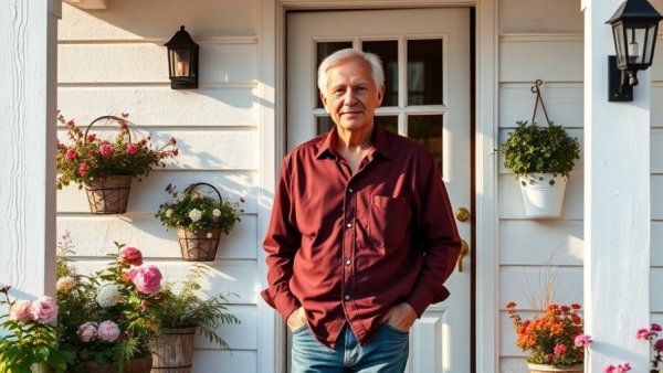 Older man leaning on porch, surrounded by flowers, Clint Eastwood real estate.