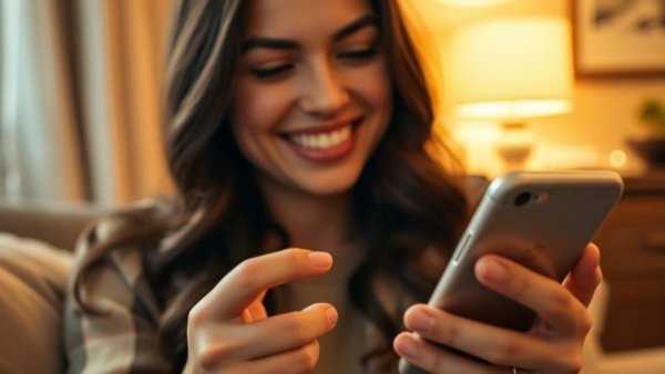 Woman using tech for African languages, smiling at smart device.