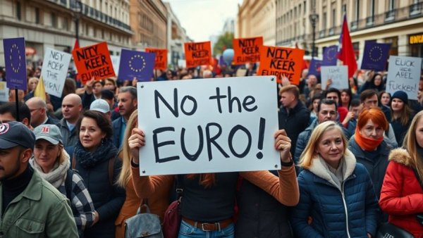 Bulgarians protest euro adoption fearing inflation, diverse crowd holding sign.