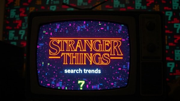 Retro TV screen with 'Stranger Things' search trends text.