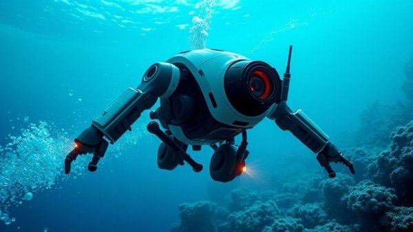 Deep sea robot exploring ocean depths with a person gesturing overlaid.