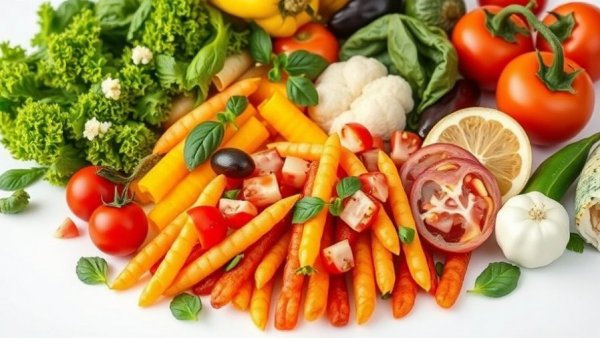 Mediterranean diet benefits shown with fresh ingredients and colorful foods.