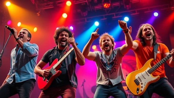 Energetic musicians performing on stage, capturing vibrant expressions.